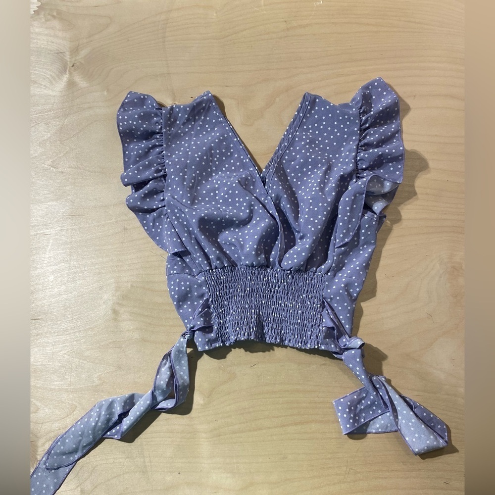 Lyaner Polka Dot Ruffle Sleeve Crop Top Medium (MR)